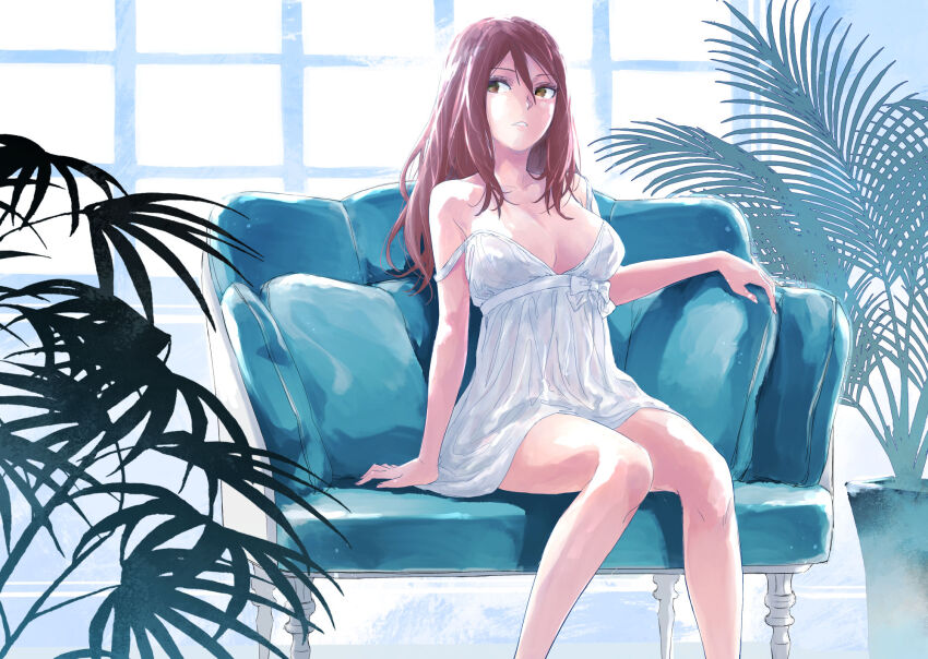 1girl 2023 20s breasts brown_eyes brown_hair cleavage commentary_request couch cowboy_shot dress highres large_breasts long_hair looking_to_the_side pillow sitting solo strelka_(hh_strelka) strelka_(hh_strelka) toaru_anbu_no_item toaru_kagaku_no_railgun toaru_majutsu_no_index white_dress