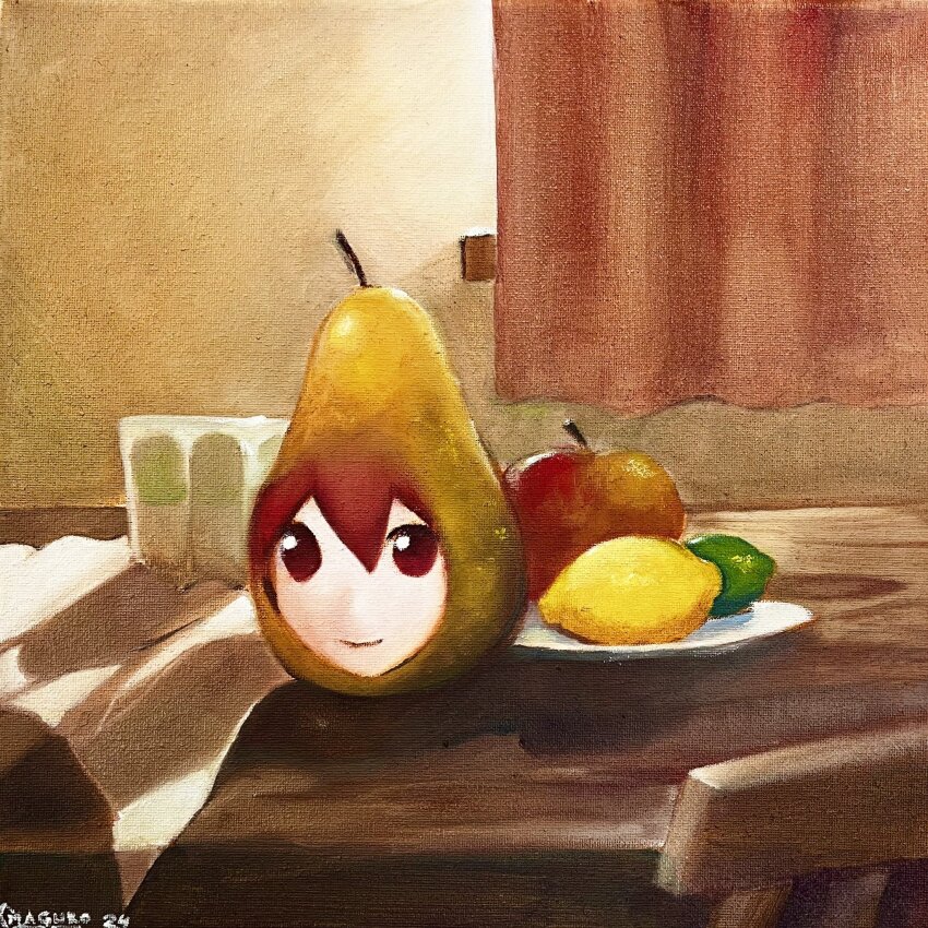 apple chair commentary commentary_request curtains english_commentary food french_commentary fruit highres indoors kasane_teto lemon lime_(fruit) looking_at_viewer magurosnacks mixed-language_commentary oil_painting_(medium) painting_(medium) pear pearto plate red_eyes red_hair smile traditional_media utau