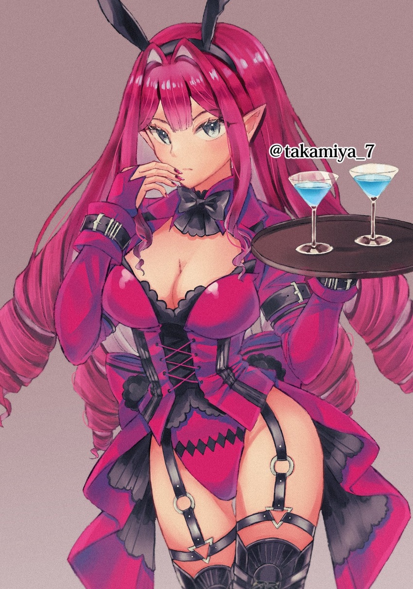 1girl animal_ears baobhan_sith_(fate) blush boots breasts cleavage cocktail_glass cup drinking_glass fake_animal_ears fate/grand_order fate_(series) grey_eyes hand_up highres holding holding_tray leotard long_hair looking_at_viewer pink_hair pink_leotard pointy_ears rabbit_ears sidelocks solo takamiya_nanase thigh_boots tray