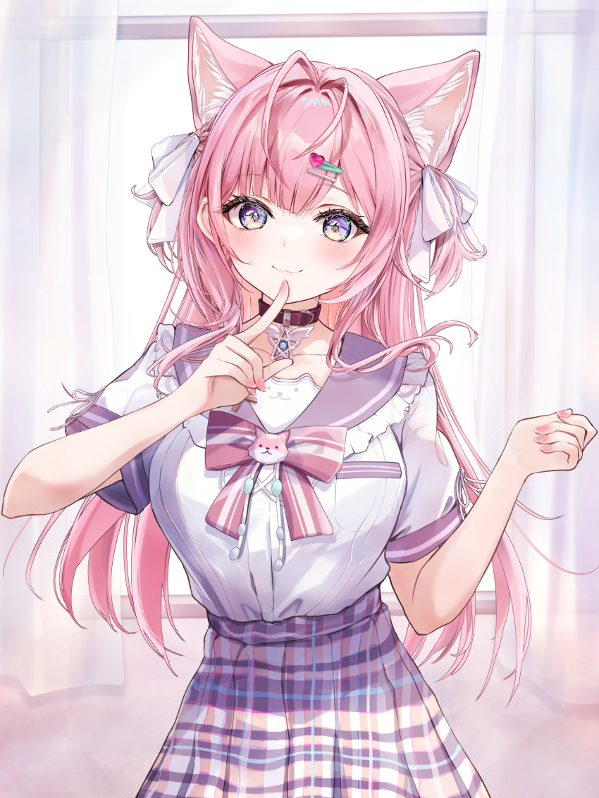 1girl absurdres animal_ears bow bowtie hakui_koyori highres hololive long_hair looking_at_viewer pink_hair purple_eyes short_sleeves smile solo virtual_youtuber yuki_haru