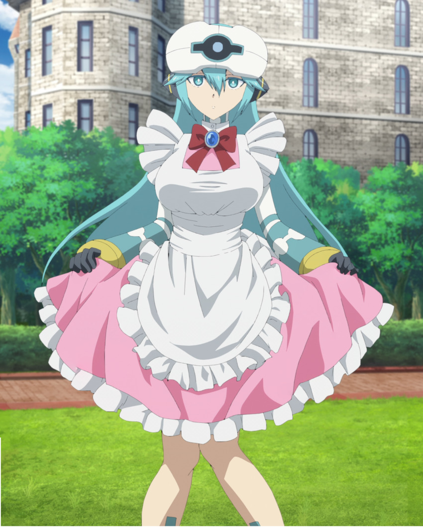 1girl android anime_screenshot apron blue_eyes blue_hair breasts eiyuu_kyoushitsu hair_between_eyes headpiece highres iona_(eiyuu_kyoushitsu) large_breasts long_hair maid_apron mechanical_arms pink_apron stitched third-party_edit