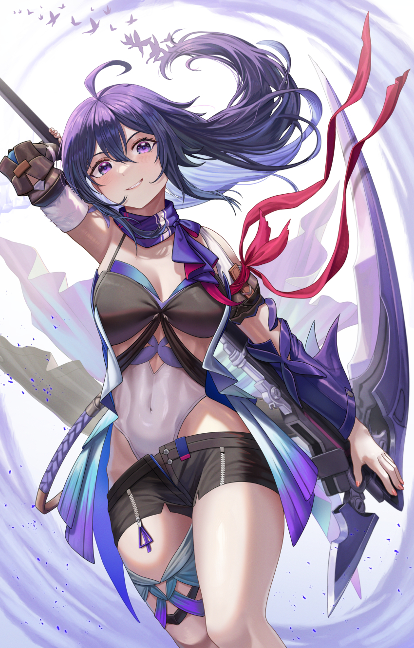 1girl ahoge arm_scarf arm_up bare_shoulders black_shorts breasts bug butterfly covered_navel grin hair_between_eyes highres holding holding_scythe honkai:_star_rail honkai_(series) insect looking_at_viewer medium_breasts purple_butterfly purple_eyes purple_hair purple_scarf scarf scythe seele_(honkai:_star_rail) short_shorts shorts sidelocks silvertsuki smile solo thighs whirlwind white_background