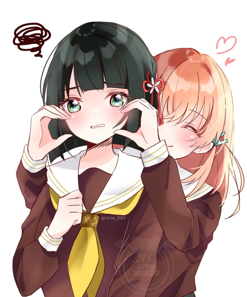 2girls ^_^ behind_another black_hair blunt_bangs blunt_ends blush brown_dress clenched_teeth closed_eyes closed_mouth commentary crossed_bangs dress embarrassed flower flower_knot green_eyes hair_flower hair_ornament half-heart_hands hands_on_another&#039;s_cheeks hands_on_another&#039;s_face hasu_no_sora_school_uniform heart highres hinoshita_kaho link!_like!_love_live! long_sleeves love_live! medium_hair momose_ginko multiple_girls neckerchief orange_hair rabbit_hair_ornament ririn_(ririn_501) sailor_collar sailor_dress school_uniform short_hair simple_background smile squiggle teeth twitter_username two_side_up upper_body virtual_youtuber watermark white_background white_sailor_collar winter_uniform yellow_neckerchief