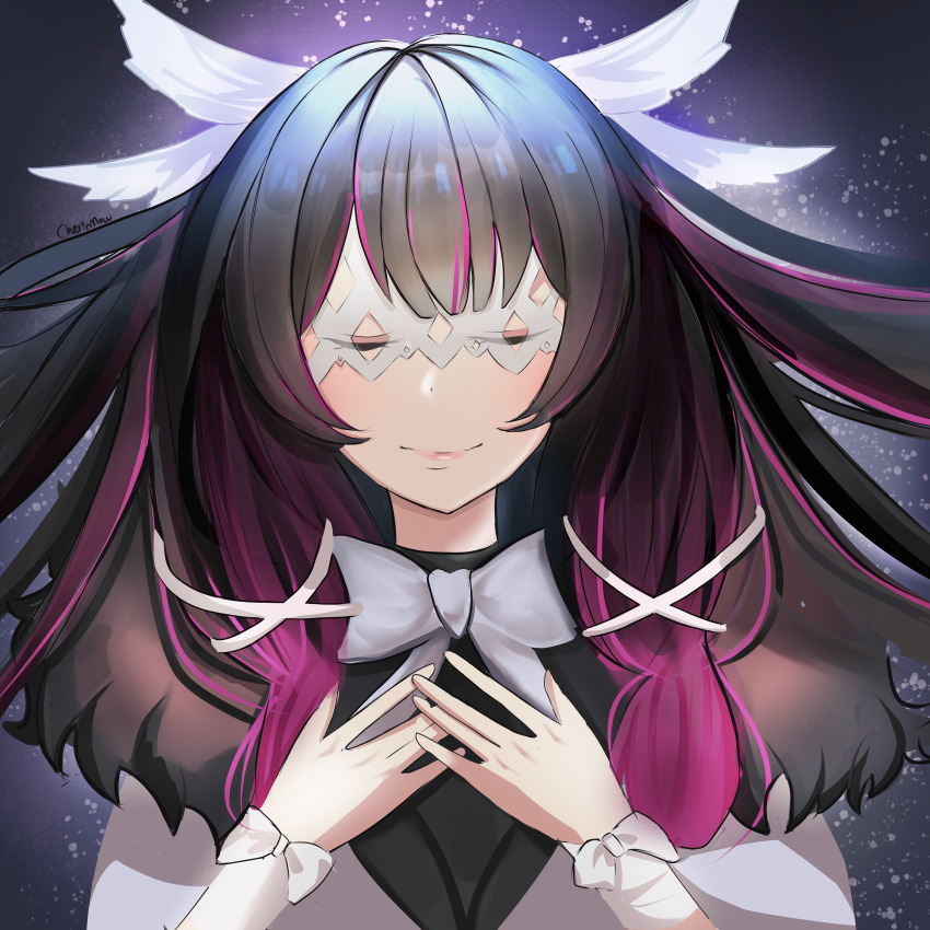 1girl absurdres black_hair cherinmew closed_eyes columbina_(genshin_impact) eye_mask genshin_impact hair_ornament head_wings highres long_hair multicolored_hair pink_hair ribbon smile solo streaked_hair two-tone_hair white_mask wings