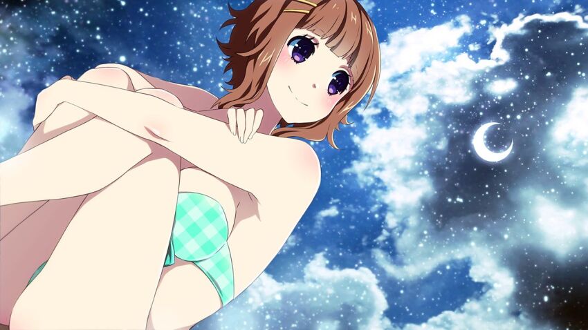 1girl bikini breasts closed_mouth crescent_moon game_cg hugging_own_legs inma large_breasts moon nene_(sakura_beach) night night_sky sakura_beach sky smile solo star_(sky) swimsuit