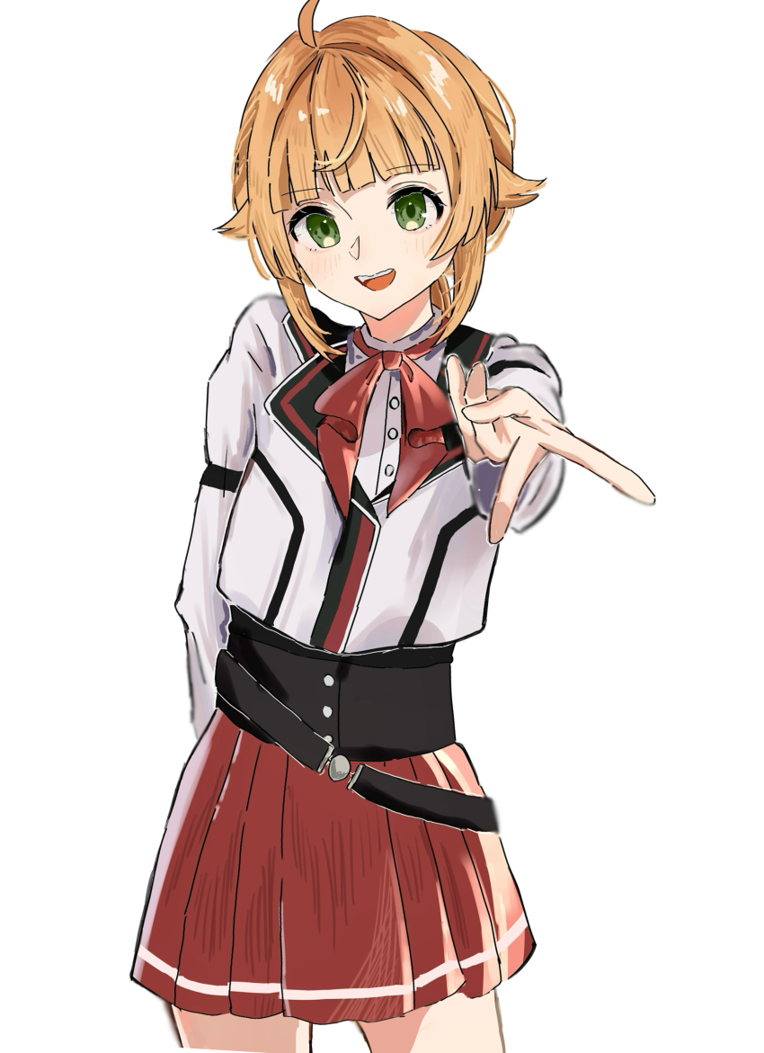 1girl absurdres ahoge arm_behind_back belt black_corset blonde_hair blush corset eyebrows_hidden_by_hair flat_chest green_eyes highres jacket looking_at_viewer mushoku_tensei norn_greyrat open_mouth pizu_xxx ranoa_magic_academy_school_uniform red_skirt school_uniform shadow shirt short_hair simple_background sketch skirt smile solo teeth upper_teeth_only v white_background white_jacket white_shirt