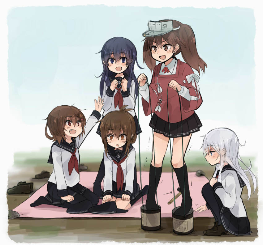 &gt;:d 10s 5girls :d akatsuki_(kancolle) anchor_symbol annin_musou bad_id bad_pixiv_id blue_eyes brown_eyes brown_hair can can_stilts fang flat_cap folded_ponytail grey_eyes hammer hand_up hands_up hat hibiki_(kancolle) highres holding holding_hat holding_unworn_clothes ikazuchi_(kancolle) inazuma_(kancolle) japanese_clothes kantai_collection kariginu kneeling long_hair long_sleeves magatama multiple_girls nail_(hardware) neckerchief on_ground open_mouth pantyhose pleated_skirt red_neckerchief remodel_(kantai_collection) rock ryuujou_(kancolle) school_uniform seiza serafuku shoes short_hair silver_hair sitting skirt smile squatting standing_on_object stilts string tarp tarpaulin twintails unworn_hat unworn_headwear unworn_shoes v-shaped_eyebrows visor_cap white_background wide_sleeves