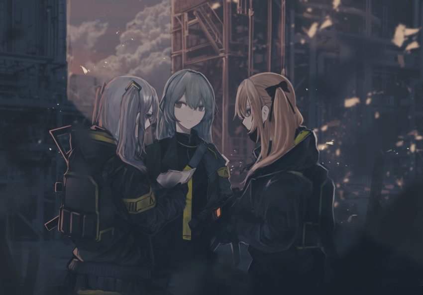 3girls armband brown_hair building commentary_request factory girls&#039;_frontline grey_hair gun h&amp;k_ump hair_ribbon heckler_&amp;_koch jacket multiple_girls nurim ribbon scenery siblings sisters smog submachine_gun twins twintails ump40_(girls&#039;_frontline) ump45_(girls&#039;_frontline) ump9_(girls&#039;_frontline) weapon