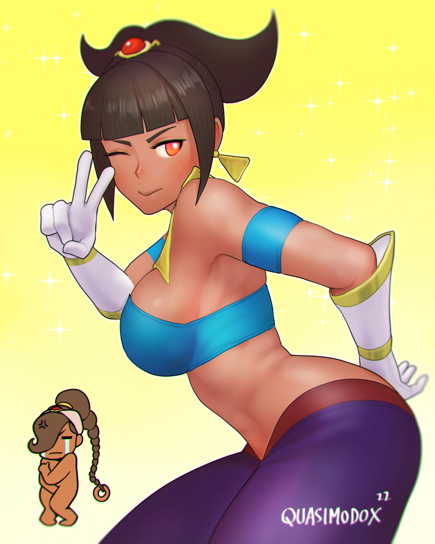 2girls absurdres annoyed brown_hair capcom cosplay covering_privates dark-skinned_female dark_skin han_juri highres multiple_girls nude power_stone quasimodox rouge_(power_stone) street_fighter tears