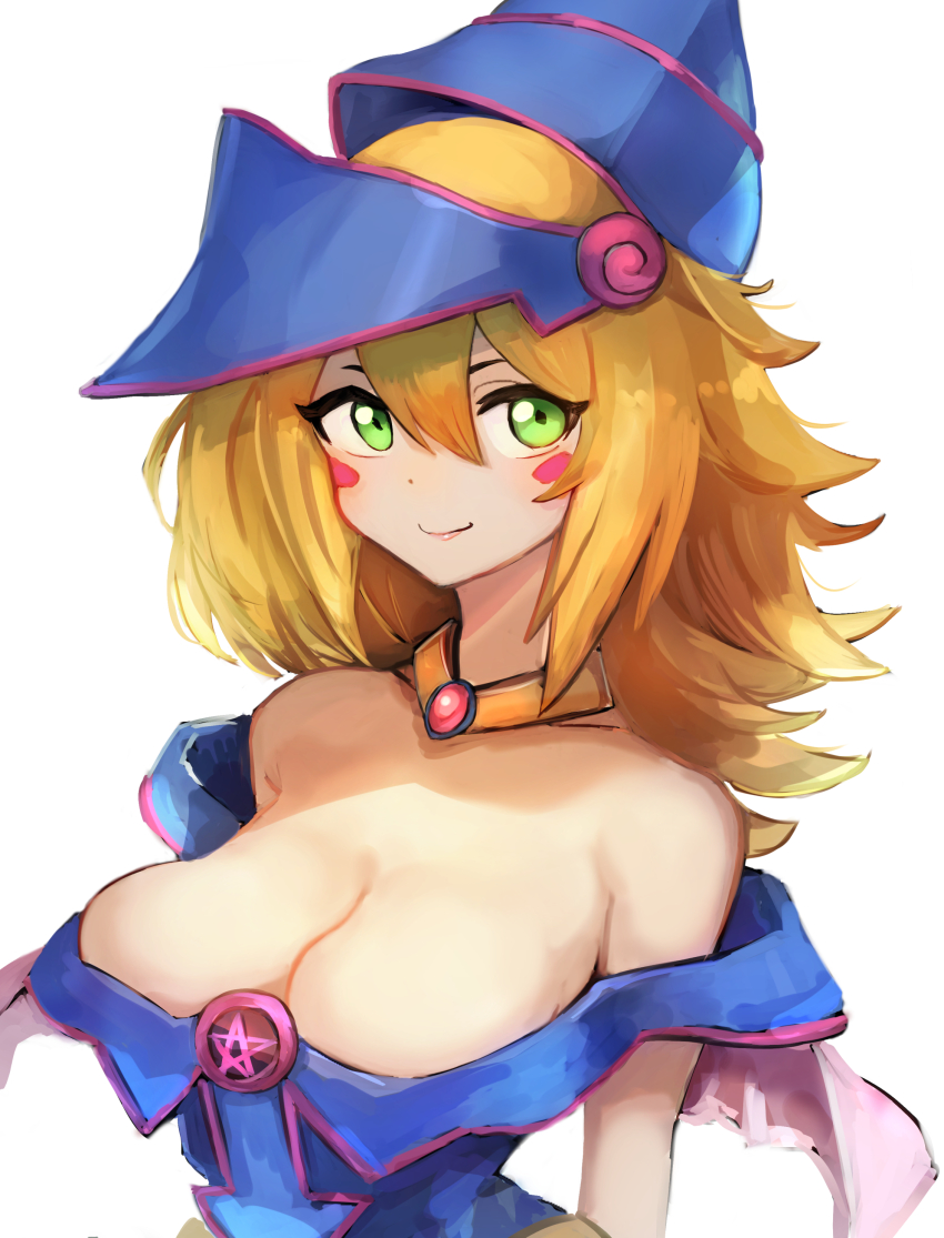 1girl absurdres blonde_hair blue_dress breasts dark_magician_girl dress duel_monster green_eyes hat hatano_kiyoshi highres large_breasts looking_at_viewer pentacle smile solo white_background witch_hat yu-gi-oh!