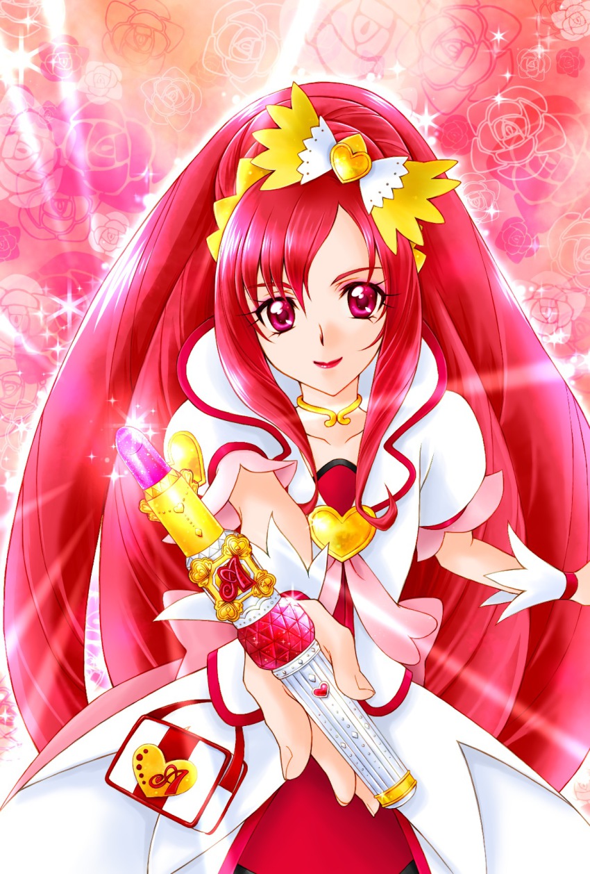 1girl aizen_(syoshiyuki) bow brooch choker cowboy_shot cure_ace dokidoki!_precure dress female_focus floral_background hair_bow heart heart_brooch highres jewelry lipstick long_hair looking_at_viewer madoka_aguri magical_girl makeup matching_hair/eyes precure red_background red_eyes red_hair red_lips sidelocks smile solo wand wrist_cuffs