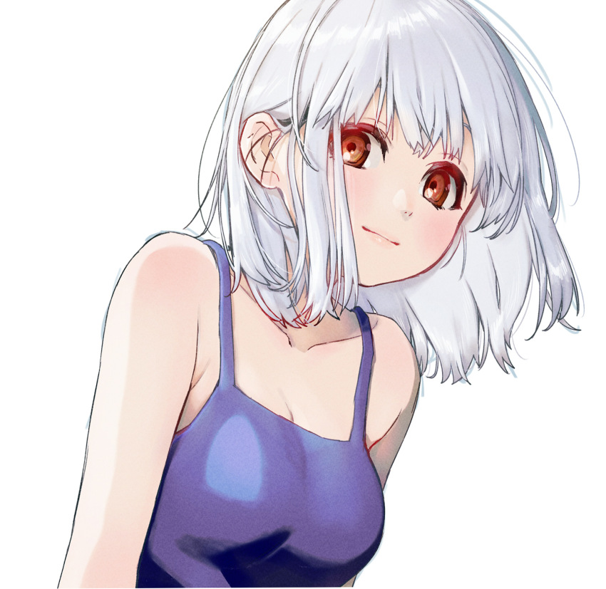 1girl blue_camisole breasts brown_eyes camisole cleavage collarbone floating_hair grey_hair highres kawai_makoto light_smile looking_at_viewer medium_breasts medium_hair original simple_background solo upper_body white_background