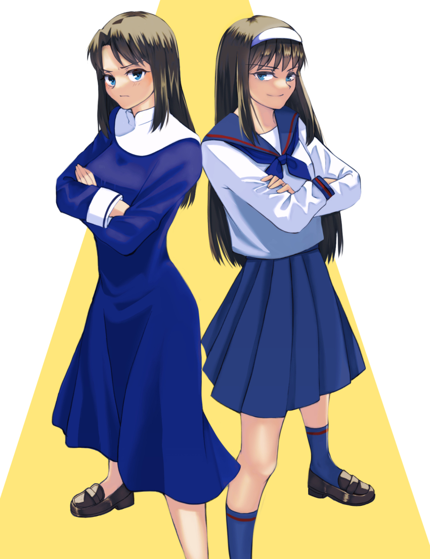 asagami_private_girls_acadamy blue_eyes brown_hair crossed_arms highres kara_no_kyoukai kokutou_azaka loafers long_hair looking_at_viewer narcissus_(artist) reien_girl&#039;s_academy_school_uniform sailor_collar school_uniform serious shoes smile socks tohno_akiha tsukihime