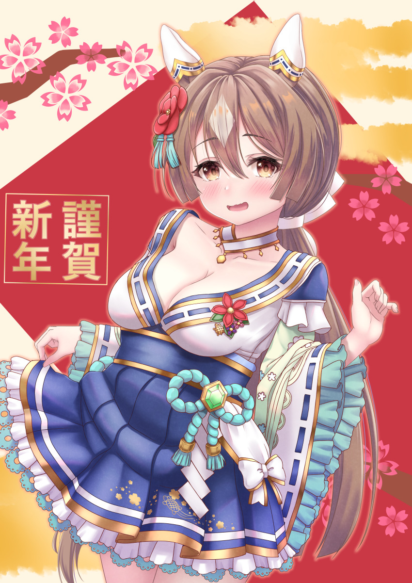 1girl absurdres animal_ears breasts brown_hair commentary_request cowboy_shot ear_covers flower frilled_kimono frills hair_between_eyes hair_ornament highres horse_ears horse_girl horse_tail japanese_clothes jewelry kimono large_breasts long_hair long_sleeves multicolored_background multicolored_clothes multicolored_hair multicolored_kimono necklace official_alternate_costume official_alternate_hairstyle open_mouth ponytail satono_diamond_(floral_star_prosperous_green)_(umamusume) satono_diamond_(umamusume) smile solo streaked_hair tail thighhighs thighs translation_request umamusume umatoriinnnu very_long_hair white_hair white_thighhighs