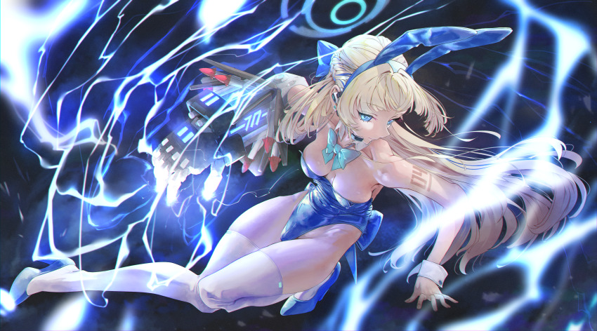 1girl absurdres animal_ear_hairband animal_ears bare_shoulders blonde_hair blue_archive blue_eyes blue_footwear blue_hairband blue_leotard blue_ribbon fake_animal_ears hair_between_eyes hairband highres leotard long_hair looking_at_viewer mecha number_tattoo phoebe_(user_vvpf4584) playboy_bunny rabbit_ear_hairband rabbit_ears ribbon robot sidelocks tattoo thighhighs toki_(blue_archive) toki_(bunny)_(blue_archive) white_thighhighs white_wrist_cuffs wireless_microphone wrist_cuffs