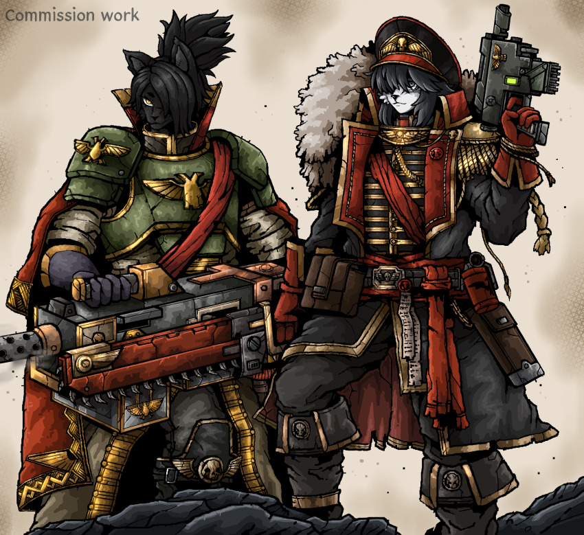 2girls animal_ears astra_militarum cat_ears cat_girl chainsword commissar commission felinid finger_on_trigger furry furry_female gloves gun hat heavy_bolter highres holding holding_bolter holding_gun holding_sword holding_weapon machine_gun military_uniform multiple_girls octosoup peaked_cap soldier sword warhammer_40k weapon