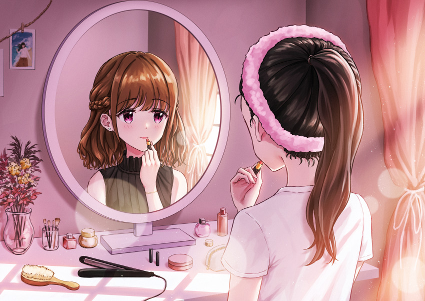 1girl absurdres applying_makeup black_shirt brown_hair commentary_request compact_(cosmetics) cosmetics curtains different_reflection dot_nose earrings flower hair_brush hair_straightener highres holding holding_lipstick_tube indoors jewelry lipstick lipstick_tube long_hair makeup mirror morebi original photo_(object) ponytail purple_eyes reflection shirt short_sleeves sleeveless sleeveless_shirt solo t-shirt table white_shirt window window_shadow