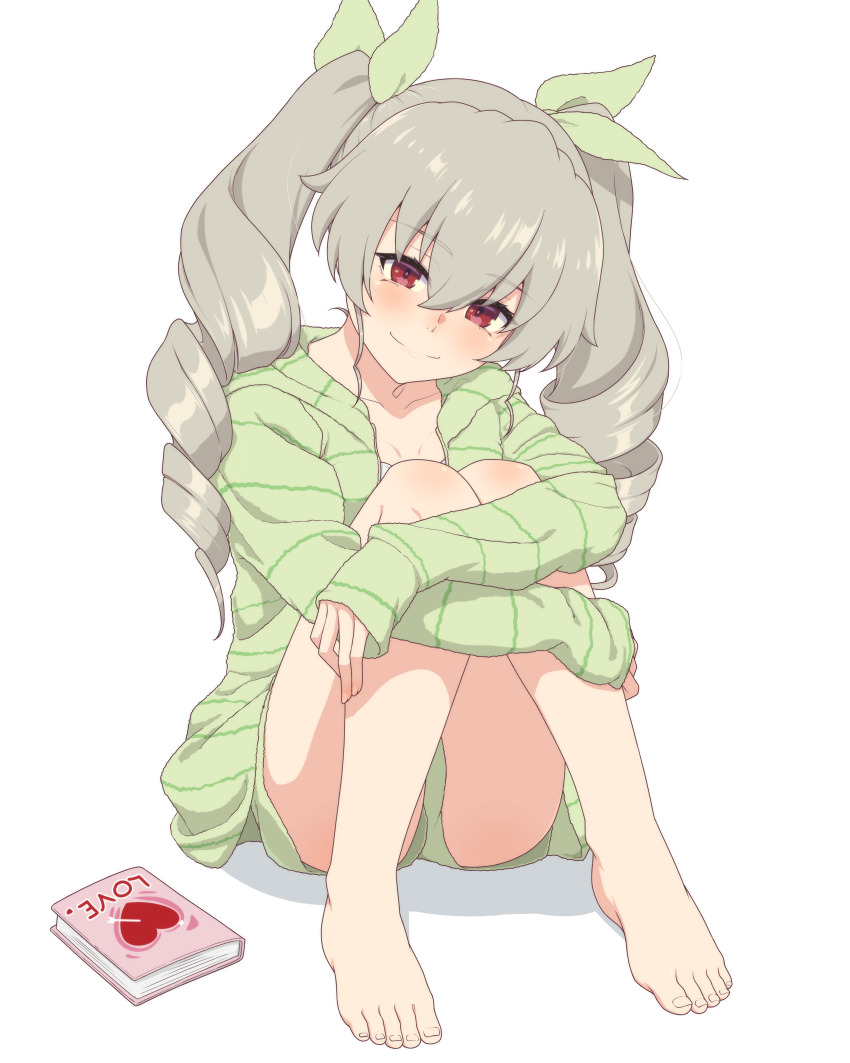 1girl absurdres ada_badguy anchovy_(girls_und_panzer) barefoot book closed_mouth drill_hair english_text girls_und_panzer green_hair green_hoodie green_ribbon green_shorts hair_ribbon head_tilt highres hood hood_down hoodie hugging_own_legs long_hair long_sleeves looking_at_viewer loungewear open_clothes open_hoodie red_eyes ribbon shadow short_shorts shorts simple_background sitting smile solo twin_drills twintails white_background