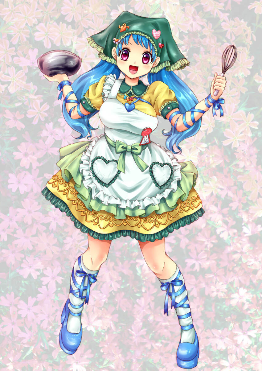 1girl :d adapted_costume apron arm_ribbon blue_hair blue_ribbon blue_shoes bow bowl breasts buttons commentary_request dress eyebrows_hidden_by_hair floral_background frilled_apron frilled_dress frilled_headwear frilled_shirt_collar frilled_sleeves frills full_body green_bow green_headscarf hands_up haniyasushin_keiki headscarf heart highres holding holding_bowl holding_whisk jewelry kneehighs large_breasts layered_dress long_hair looking_at_viewer multicolored_dress myouga_teien necklace open_mouth pink_eyes puffy_short_sleeves puffy_sleeves ribbon shoes short_sleeves single_strap smile socks solo standing straight-on touhou twintails valentine whisk white_apron white_socks