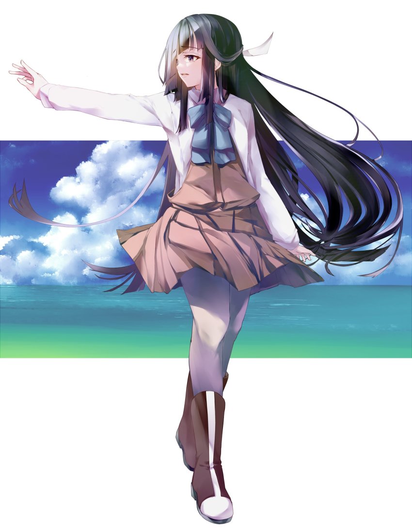 001machi 1girl absurdres black_hair blue_sky brown_dress brown_footwear cloud dress dress_shirt full_body grey_pantyhose hair_over_one_eye halterneck hayashimo_(kancolle) highres hime_cut horizon kantai_collection long_hair looking_to_the_side ocean pantyhose pleated_dress school_uniform shirt sky solo very_long_hair white_shirt