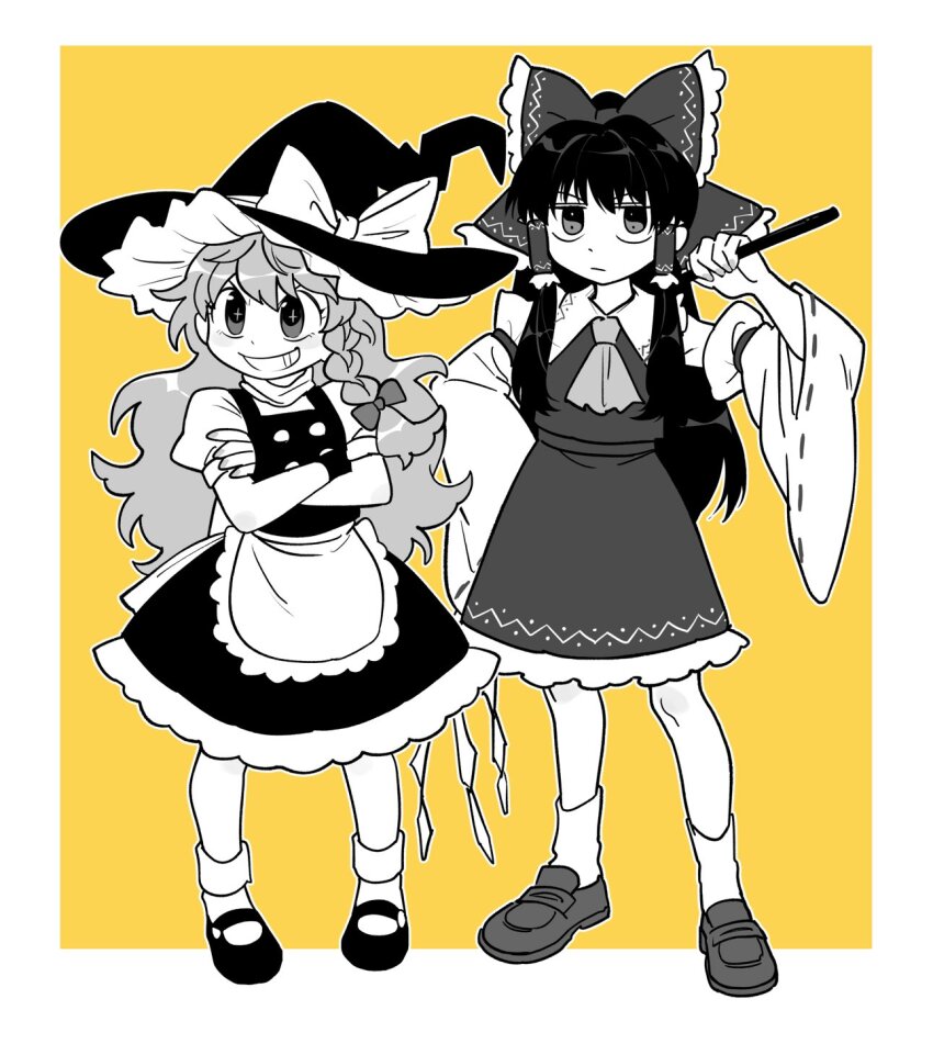 2girls apron ascot bobby_socks bow braid commentary_request crossed_arms detached_sleeves dress full_body furukawa_(yomawari) gohei grin hair_bow hair_tubes hakurei_reimu hand_on_own_hip hat highres jitome kirisame_marisa loafers long_hair long_sleeves mary_janes monochrome multiple_girls ribbon-trimmed_sleeves ribbon_trim shoes side_braid skirt skirt_set smile socks spot_color symbol_in_eye touhou very_long_hair waist_apron wide_sleeves witch_hat yin_yang