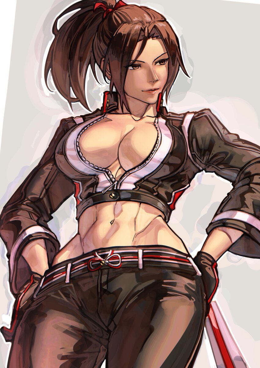 1girl absurdres black_gloves black_jumpsuit breast_zipper breasts brown_eyes brown_hair cleavage fatal_fury fatal_fury:_city_of_the_wolves gloves hand_fan hands_on_own_hips highres holding holding_fan jumpsuit light_smile looking_to_the_side midriff ponytail shiranui_mai syachiiro