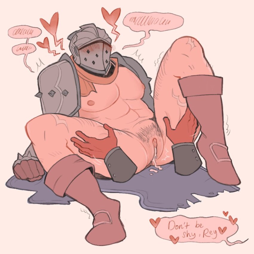 2boys abs aftersex arm_support armor black_coat blush boots brown_footwear character_name clitoris coat colored_speech_bubble crusader_(darkest_dungeon) cum cum_in_pussy cum_overflow cuntboy darkest_dungeon disembodied_hand english_text gloves hands_on_another&#039;s_thighs heart helm helmet highwayman_(darkest_dungeon) knight leg_hair male_focus multiple_boys multiple_scars navel nipples orange_scarf out_of_frame pauldrons pectorals pubic_hair pussy red_gloves scar scar_on_leg scarf shoulder_armor simple_background sitting solo_focus speech_bubble spiked_armor spread_legs trembling trembling_legs unwise_boop white_background