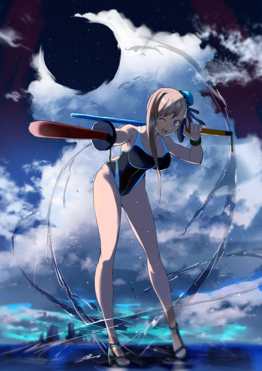 1girl asymmetrical_hair black_one-piece_swimsuit blue_eyes blue_sky breasts bun_cover collarbone commentary commentary_request competition_swimsuit dual_wielding fate/grand_order fate_(series) foam_bokken hanging_breasts highres hirunagi holding large_breasts long_hair looking_at_viewer miyamoto_musashi_(fate) miyamoto_musashi_(fate/grand_order) miyamoto_musashi_(swimsuit_berserker)_(fate) miyamoto_musashi_(swimsuit_berserker)_(first_ascension)_(fate) one-piece_swimsuit one_eye_closed open_mouth pink_hair single_hair_intake sky solo star_(sky) starry_sky swimsuit toy_sword two-tone_swimsuit water