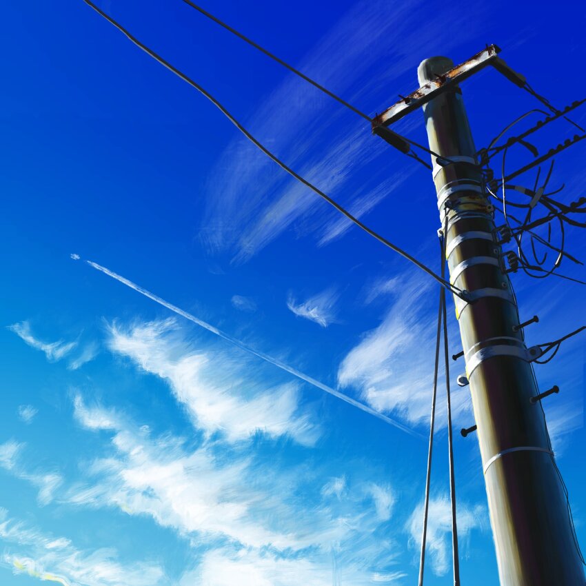 aoi_machi blue_sky cloud day highres no_humans original outdoors power_lines scenery sky sky_focus utility_pole