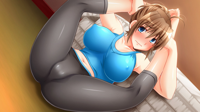 1girl ahoge armpits arms_up bare_arms barefoot bed blue_eyes blush breasts breasts_apart brown_hair closed_mouth embarrassed feet female_focus floor game_cg groin indoors kaneshiro_wataru large_breasts legs legs_up looking_at_viewer mattress midriff navel nose_blush original pants sexually_suggestive sitting sleeveless soku_iki_bishonure_athlete! solo spandex sports_bra thighs toes yoga_pants