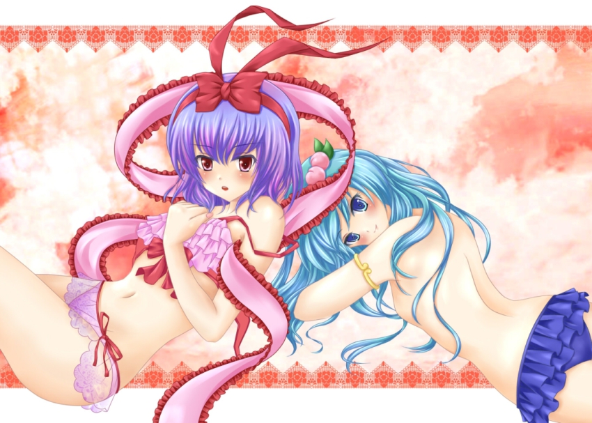 2girls back bad_id bad_pixiv_id blue_hair blush female_focus food frills fruit hinanawi_tenshi leaf multiple_girls nagae_iku navel nekokotei panties peach purple_hair side-tie_panties touhou underwear