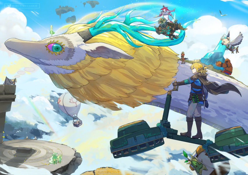 aircraft champion&#039;s_tunic_(zelda) floating_island flying ghost highres hot_air_balloon hsin korok light_dragon_(zelda) link midair mineru_(zelda) nintendo princess_zelda purah rainbow rauru_(tears_of_the_kingdom) riding riju sheikah sidon sonia_(zelda) spines the_legend_of_zelda the_legend_of_zelda:_tears_of_the_kingdom tulin_(zelda) yunobo zonai zonai_device