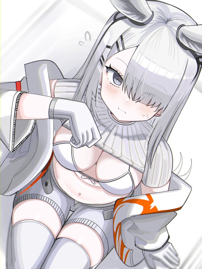 1girl absurdres animal_ears arknights blush bra breasts cleavage closed_mouth cowboy_shot flying_sweatdrops from_above frostnova_(arknights) gloves grey_eyes grey_hair grey_jacket grey_shorts grey_shrug grey_thighhighs hair_ornament hair_over_one_eye hairclip hand_up highres jacket large_breasts long_hair looking_at_viewer navel off_shoulder rabbit_ears rabbit_girl shorts shrug_(clothing) sidelocks sitting solo spam_(spamham4506) sweatdrop thighhighs underwear white_bra white_gloves