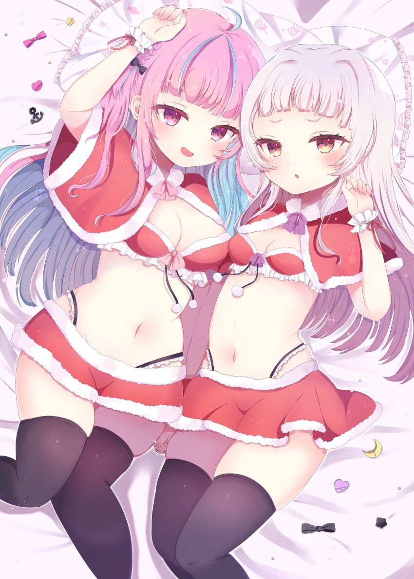 2girls absurdres arm_up bed black_thighhighs blush bra breasts brown_eyes capelet cleavage fur_trim highleg highleg_panties highres hololive knees_together_feet_apart long_hair looking_at_viewer lying mainai_(pochiwan1108) minato_aqua miniskirt multiple_girls murasaki_shion navel on_back open_mouth panties pillow purple_eyes purple_hair red_bra red_capelet skirt small_breasts smile stomach thighhighs thighs underwear virtual_youtuber white_hair