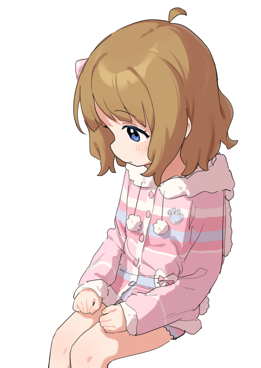 1girl ahoge blue_eyes blush bow brown_hair buttons from_side fur_trim hair_bow hands_on_lap highres idolmaster idolmaster_million_live! idolmaster_million_live!_theater_days legs_together looking_down matanukinuki medium_hair paw_print pink_bow pom_pom_(clothes) profile simple_background sitting solo striped_clothes suou_momoko tareme white_background