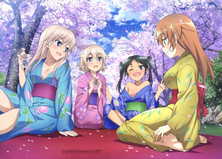 4girls absurdres bare_shoulders black_hair blonde_hair blue_kimono breasts charlotte_e._yeager cherry_blossoms cloud day falling_petals francesca_lucchini glass green_kimono hanna-justina_marseille highres holding japanese_clothes kimono large_breasts long_hair looking_at_another multiple_girls nature obi official_art one_eye_closed open_mouth orange_hair outdoors petals pink_kimono pink_petals raisa_pottgen sash short_hair sitting smile strike_witches tree twintails witches_of_africa world_witches_series