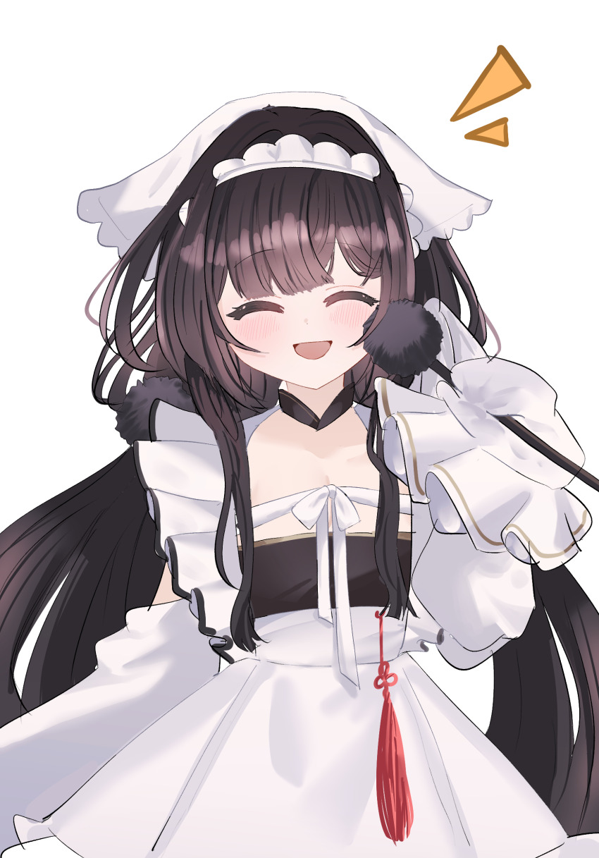 1girl azur_lane black_hair blush character_request closed_mouth dress flat_chest frilled_dress frilled_hairband frilled_sleeves frills hairband highres long_hair notice_lines open_mouth simple_background sleeves_past_fingers sleeves_past_wrists smile solo tsuchi_(xger4434) upper_body very_long_hair white_background white_hairband