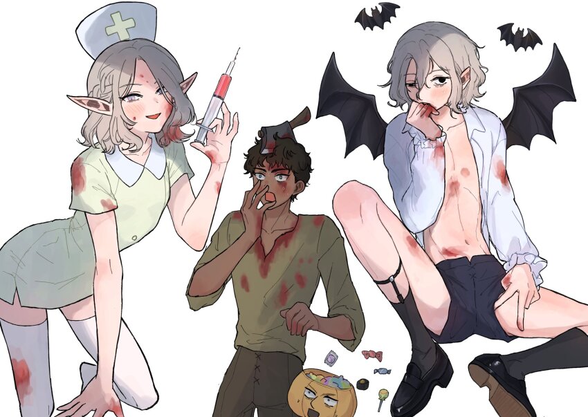 3boys axe_in_head bags_under_eyes bat_(animal) bat_wings black_eyes black_footwear black_hair blood blood_in_hair blood_on_clothes blood_on_face blue_eyes blush collared_dress crossdressing curly_hair dark-skinned_male dark_skin dress dungeon_meshi elf grey_eyes grey_hair half_up_braid halloween halloween_bucket hat highres holding holding_syringe kabru lazy_eye legwear_garter male_focus mchi125 medium_hair mithrun mithrun_(young) multiple_boys multiple_views navel notched_ear nurse nurse_cap open_clothes open_mouth open_shirt pointy_ears shirt shoes short_hair short_shorts shorts sitting smile spread_legs sweatdrop syringe thighhighs uneven_eyes wavy_hair white_shirt white_thighhighs wings