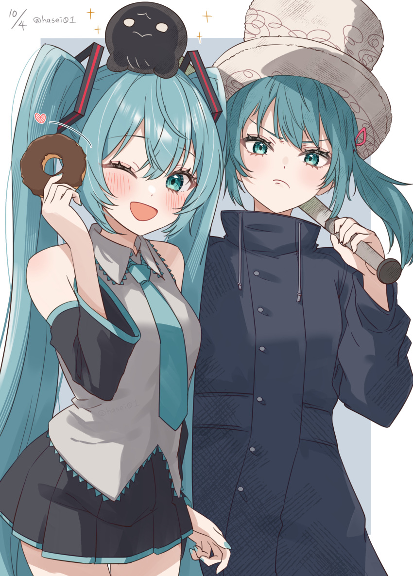 absurdres baseball_bat black_coat black_skirt blush coat collared_shirt detached_sleeves donut_hole_(vocaloid) doughnut food frown green_eyes green_hair green_nails green_necktie hair_ornament hasei_(hasei01) hat hatsune_miku heart highres holding holding_baseball_bat holding_food long_hair long_sleeves looking_at_viewer necktie one_eye_closed pleated_skirt shirt simple_background skirt smile sparkle standing top_hat twintails vocaloid white_background