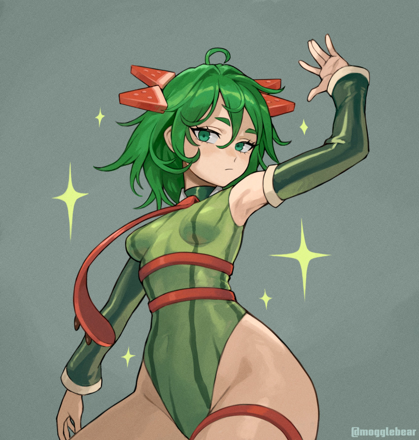 1girl armpits artist_name closed_mouth cowboy_shot detached_sleeves female_focus food-themed_hair_ornament food_print green_eyes green_hair green_leotard hair_ornament highleg highleg_leotard highres leotard long_sleeves matching_hair/eyes mogglebear one-punch_man short_hair solo tatsumaki thigh_strap twitter_username watermelon_hair_ornament watermelon_print