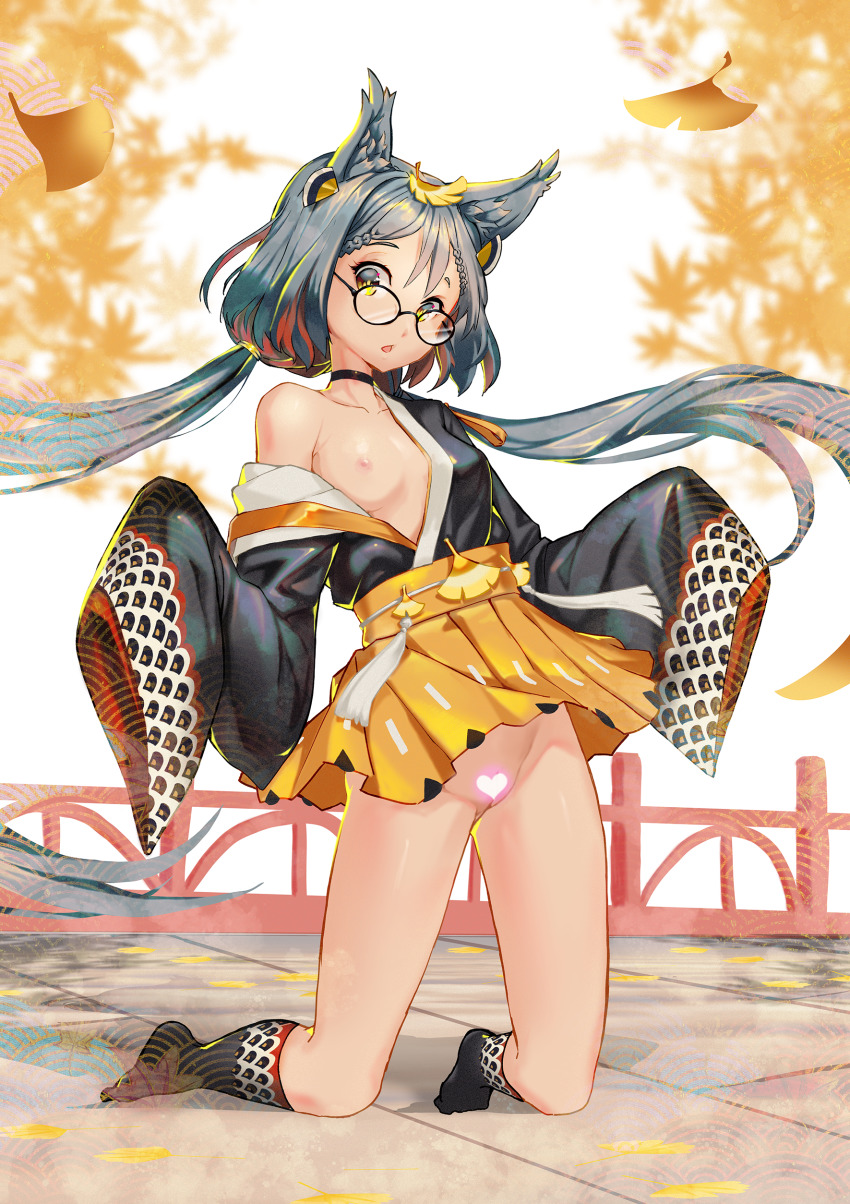1girl :o absurdres autumn autumn_leaves azur_lane black_choker bluesnail breasts censored choker collarbone commentary_request ginkgo_leaf glasses grey_hair hatakaze_(azur_lane) heart heart_censor highres japanese_clothes kimono kneeling leaf looking_at_viewer nipples off_shoulder open_clothes open_kimono open_mouth outdoors panties pussy round_eyewear seigaiha short_kimono sleeves_past_fingers sleeves_past_wrists small_breasts socks solo underwear very_long_sleeves wide_sleeves yellow_eyes