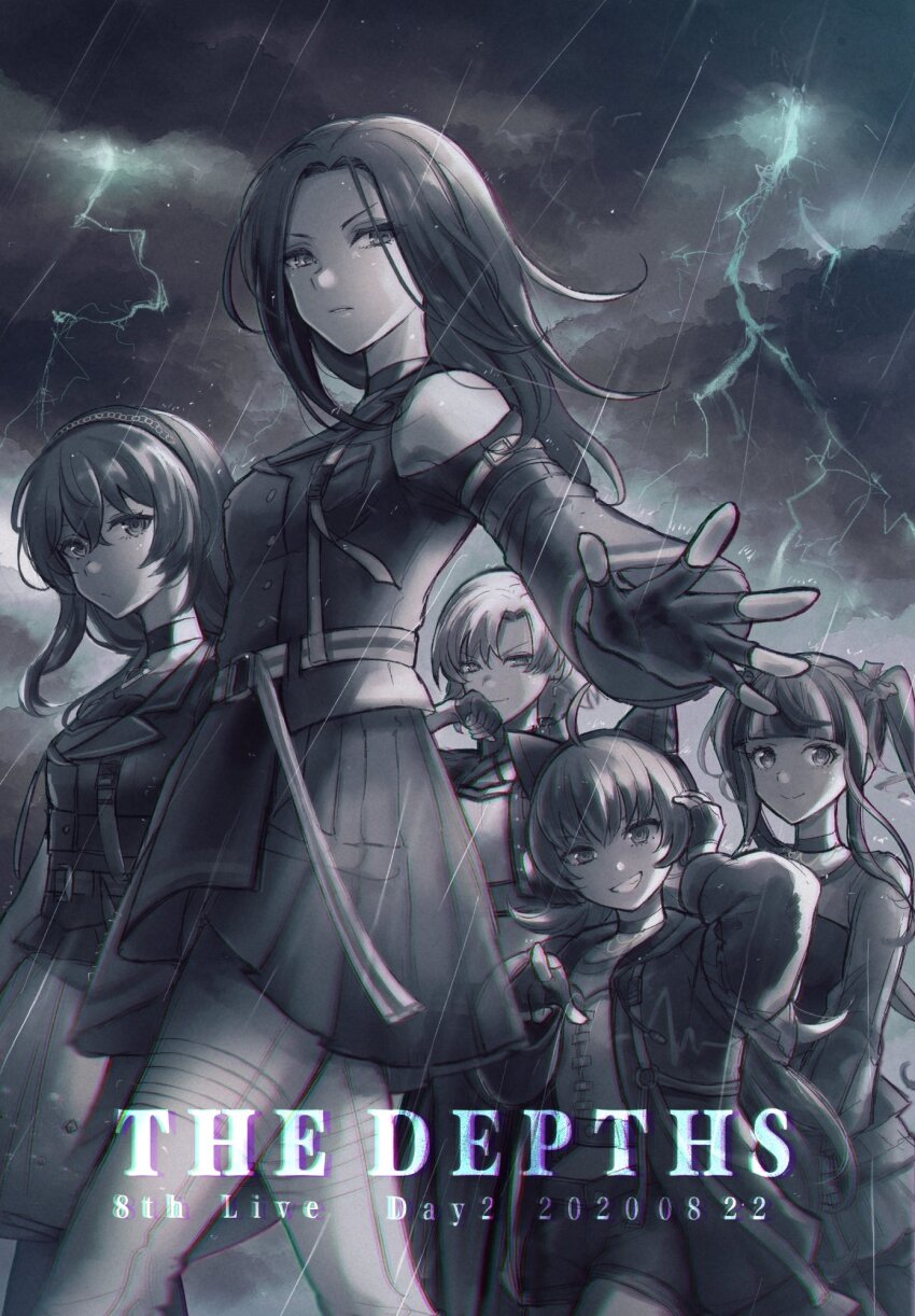 5girls ahoge animal_ear_headphones animal_ears asahi_rokka bad_id bad_twitter_id bang_dream! belt blunt_bangs cat_ear_headphones choker closed_mouth cloud cloudy_sky dated fake_animal_ears fingerless_gloves gloves grin group_picture hairband hand_on_headphones hand_on_own_face hand_up headphones highres jacket lightning long_hair long_sleeves looking_at_viewer monochrome multicolored_hair multiple_girls nyubara_reona open_mouth outstretched_arm pleated_skirt rain raise_a_suilen sato_masuki shiontaso shirt short_hair sidelocks skirt sky smile standing tamade_chiyu twintails wakana_rei