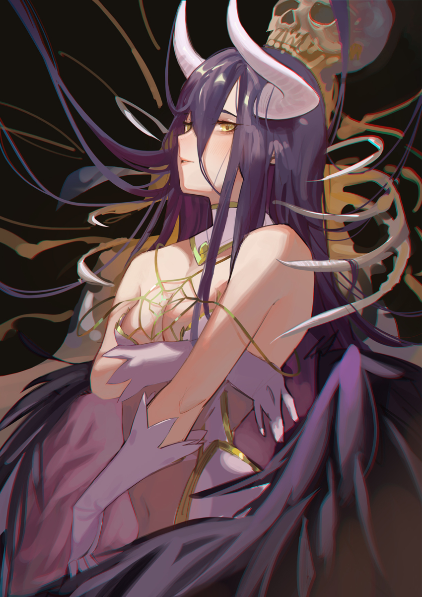 1girl albedo_(overlord) bare_shoulders black_background black_hair blush breasts cleavage demon_girl feathered_wings gloves hair_between_eyes highres horns krin_(krinnin) long_hair looking_at_viewer navel overlord_(maruyama) simple_background skeleton smile solo very_long_hair white_gloves wings yellow_eyes