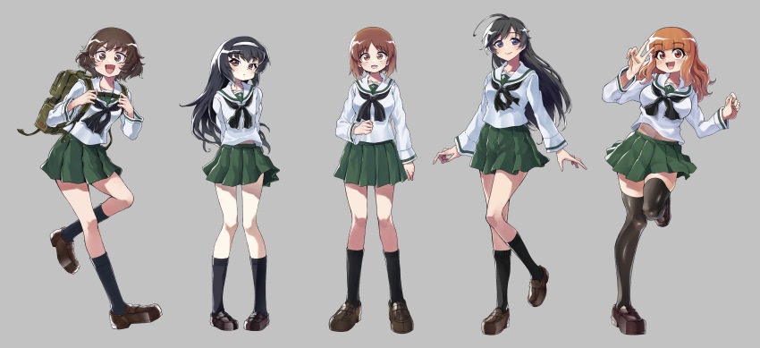 5girls :d absurdres ahoge akiyama_yukari arms_behind_back backpack bag black_hair black_legwear black_neckerchief blouse blue_eyes blunt_bangs blush brown_eyes brown_footwear brown_hair closed_mouth commentary commentary_request full_body girls_und_panzer green_skirt grey_background hairband highres isuzu_hana leg_up light_frown loafers long_hair long_sleeves looking_at_viewer messy_hair midriff_peek miniskirt multiple_girls nakachiruno navel neckerchief nishizumi_miho ooarai_school_uniform open_mouth orange_eyes orange_hair partial_commentary pleated_skirt reizei_mako sailor_collar school_uniform serafuku shirt shoes short_hair simple_background skindentation skirt smile socks standing standing_on_one_leg swept_bangs takebe_saori thighhighs v white_hairband white_sailor_collar white_shirt