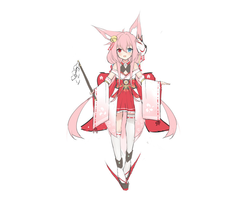 1girl :d absurdres animal_ear_fluff animal_ears asymmetrical_legwear bare_shoulders bell black_footwear blue_eyes blush collarbone fox_ears fox_girl fox_tail full_body gohei hair_bell hair_between_eyes hair_ornament heterochromia highres holding jingle_bell long_hair long_sleeves mask mask_on_head nagato-chan open_mouth original over-kneehighs pink_hair pleated_skirt red_eyes red_skirt ribbon-trimmed_legwear ribbon-trimmed_sleeves ribbon_trim sandals simple_background single_over-kneehigh single_thighhigh skirt sleeves_past_wrists smile solo standing tail thighhighs very_long_hair white_background white_thighhighs wide_sleeves zouri