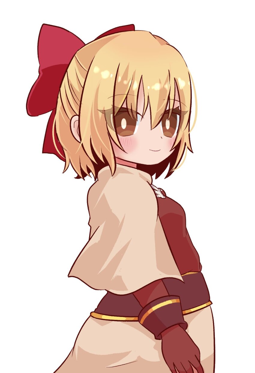 1girl acolyte_(ragnarok_online) blonde_hair blush bow breasts bright_pupils brown_capelet brown_eyes brown_gloves brown_shirt capelet closed_mouth commentary_request cowboy_shot dark_skin gloves hair_between_eyes hair_bow highres long_sleeves looking_at_viewer pochiko_(poteko) ragnarok_online red_bow shirt short_hair simple_background small_breasts smile solo white_background white_pupils