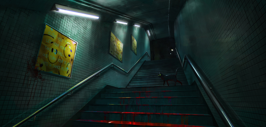 bad_id bad_pixiv_id black_cat blood cat dark lights no_humans original scenery seafh stairs