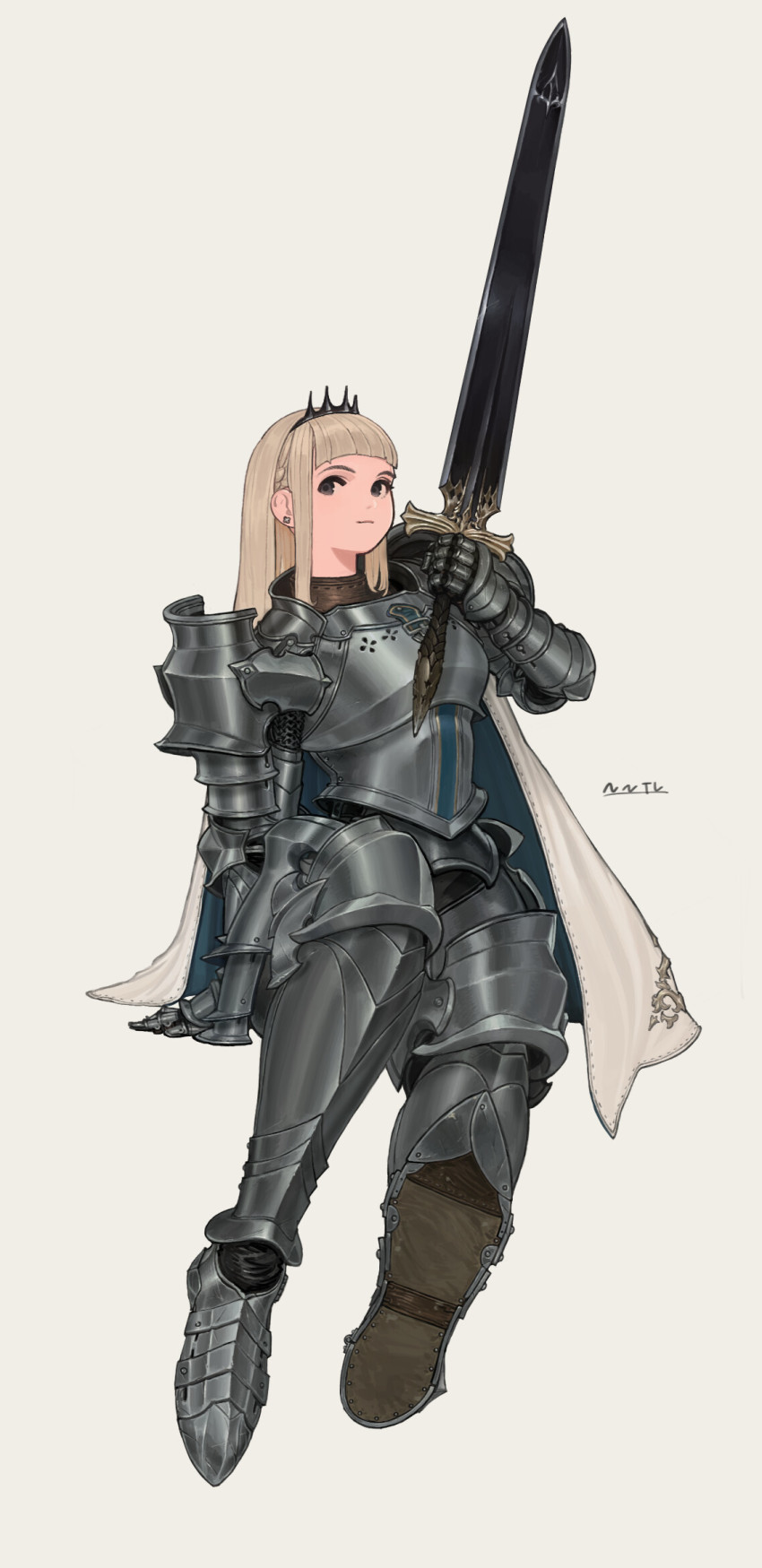 1girl arm_support armor armored_boots blonde_hair boots braid breastplate cape chainmail earrings fantasy faulds female_focus female_knight full_body highres holding holding_sword holding_weapon jewelry knight long_hair looking_at_viewer nanora original pauldrons shoulder_armor simple_background smile solo sword tiara weapon white_background white_cape