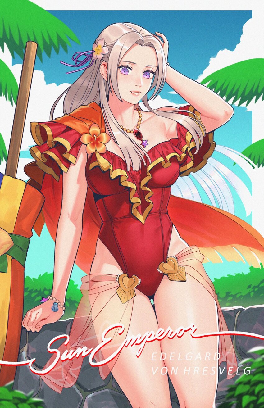 1girl cape casual_one-piece_swimsuit edelgard_von_hresvelg edelgard_von_hresvelg_(summer) fire_emblem fire_emblem:_three_houses fire_emblem_heroes flower frilled_one-piece_swimsuit frills highres nintendo off-shoulder_one-piece_swimsuit off_shoulder official_alternate_costume one-piece_swimsuit orange_flower purple_eyes radiostarkiller red_cape red_one-piece_swimsuit smile solo swimsuit