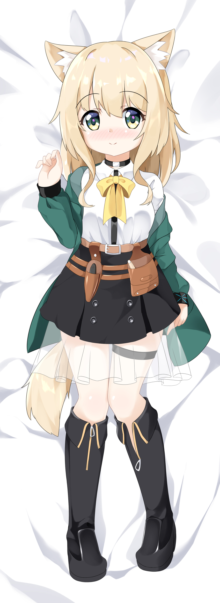 1girl absurdres animal_ears arknights blonde_hair boots dakimakura_(medium) dog_ears dog_girl dog_tail green_eyes green_jacket hair_between_eyes highres jacket long_sleeves looking_at_viewer mao_xin&#039;ai medium_hair open_clothes open_jacket podenco_(arknights) shirt skirt smile solo tail white_shirt